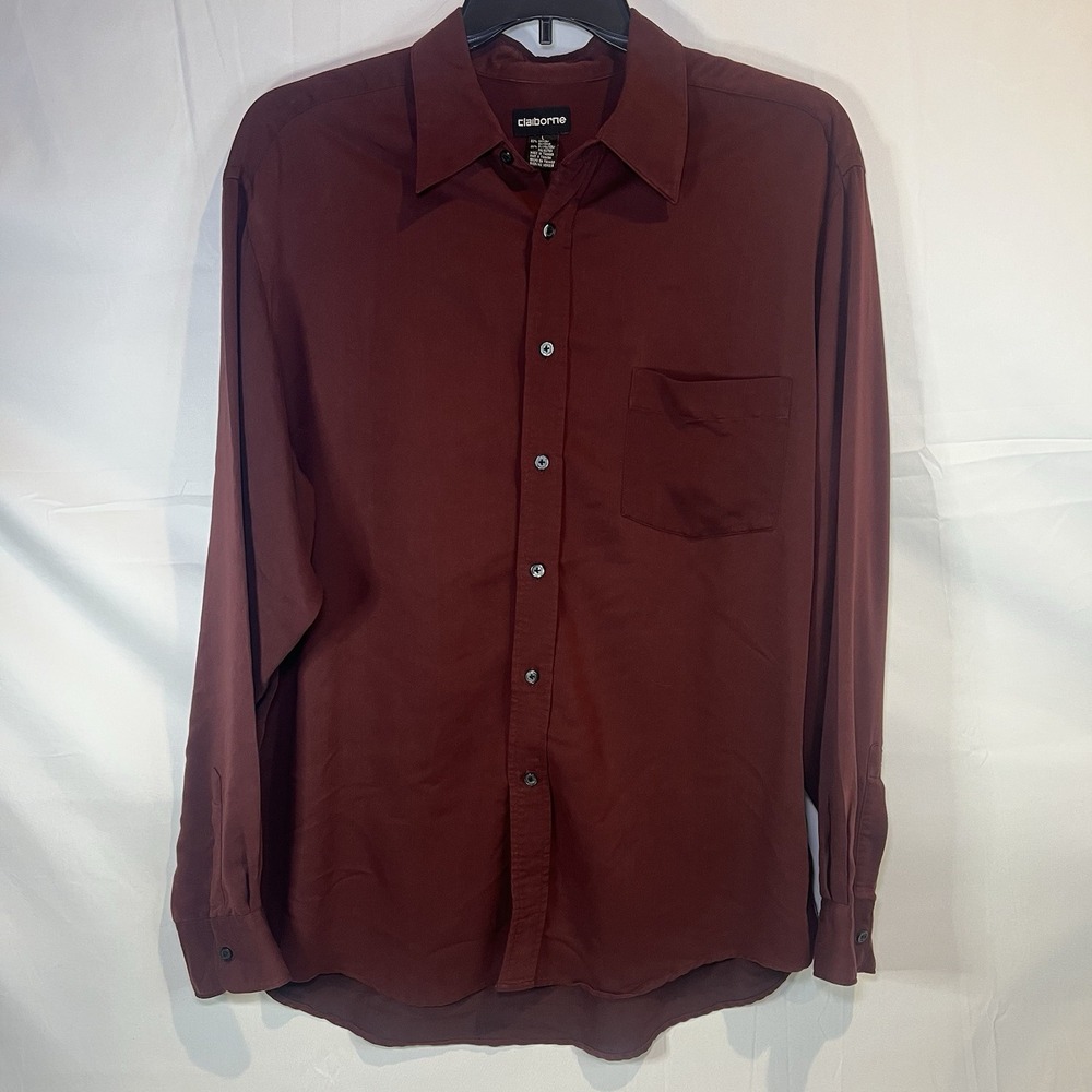Claiborne Men Long Sleeve Button-Up Shirt Red Burgundy Size L Large
